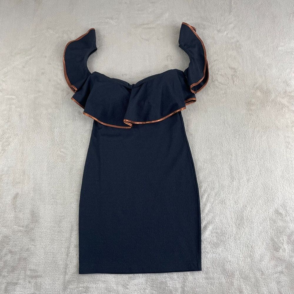 VIX Paula Hermanny Mini Dress XS Black Copper Trim Off Shoulder‎ Ruffle Top $298